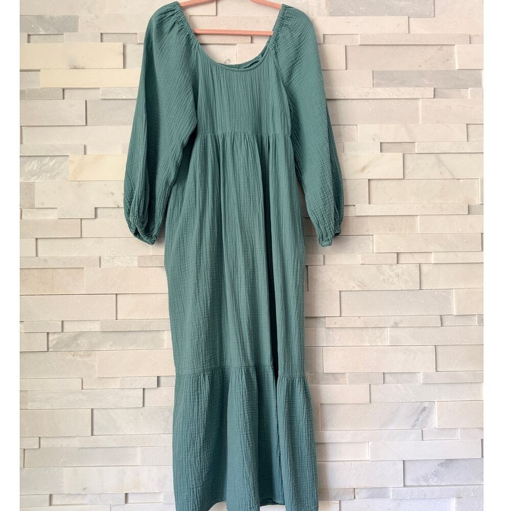 UNIVERSAL THREAD 100% Cotton Smocked 3/4 Bishop Sleeve Tiered Midi Dress M Green